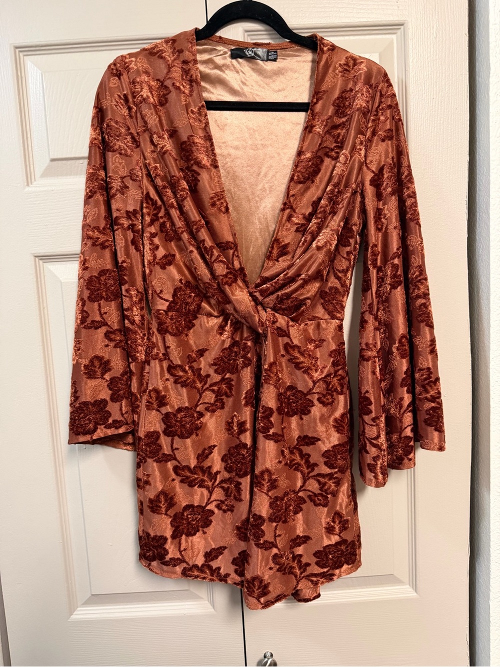 Misguided Rust Floral Velvet Twist Front mini dress